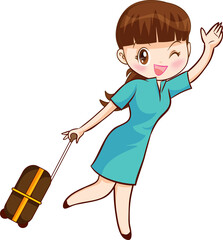 Air hostess in uniform Woman Carrying Luggage, Female Tourist