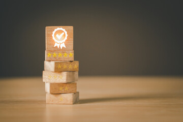 Quality Assurance Symbol with Icon on Wood Cube and 5 Star Certification, Standard, Customer Satisfaction Guarantee, ISO Certification Concept for Standardization