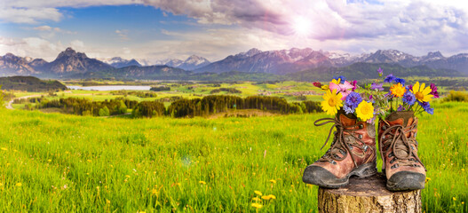 walking boots with beautiful flowers on trekking tour