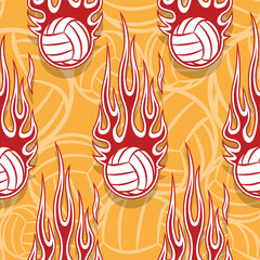 Obraz premium Volleyball balls seamless pattern with tribal fire flames vector cover and wallpaper design graphic