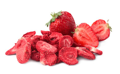Sweet sublimated and fresh strawberries on white background