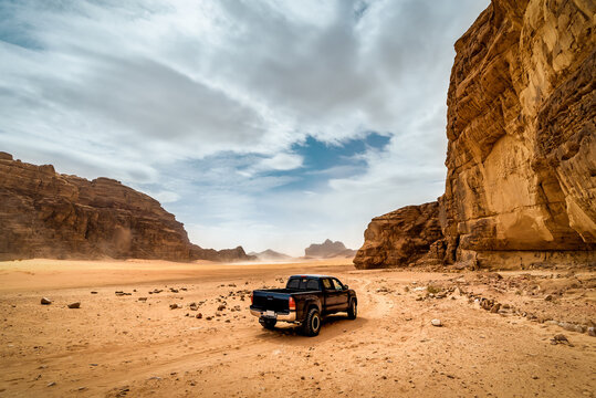 Off road car in dry desert