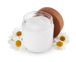 Obraz na płótnie Canvas Jar of hand cream and chamomiles on white background