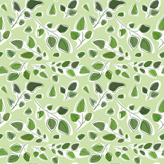 A pattern of leaves and branches on a green background. A light outline of foliage with spots of color. Motifs of leaves and branches on an eco theme. For printing packaging, textiles, banners, flyers
