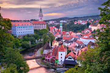 Fototapeta premium Cesky Krumlov. Aerial cityscape image of Cesky Krumlov, Czech Republic at summer sunrise.