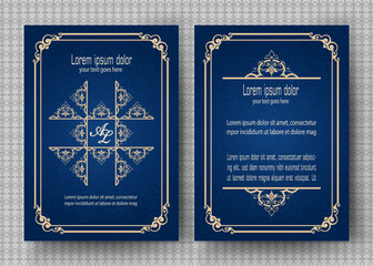 Gold vintage greeting card with blue background and shiny dots texture, Luxury ornament template, ideal for invitations, flyers, menus, brochures, postcards, wallpapers, etc.
