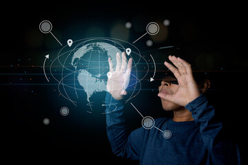 Man wearing VR glasses connection digital global network transformation change management, internet of things.