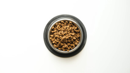 The metal pet bowl with dry food on white background