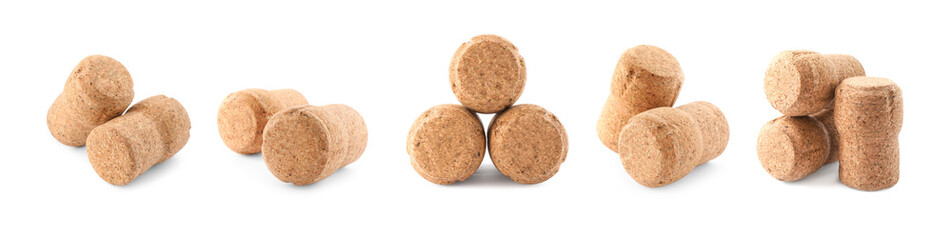 Set with corks of sparkling wine bottles on white background. Banner design