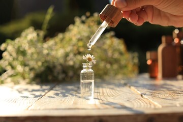 Woman dripping essential oil onto chamomile in bottle at white wooden table, closeup