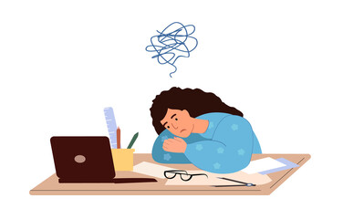 Tired overworked employee at workplace.Exhausted fatigue office worker with tired overload head,sit at computer desk,overloaded with work, papers.Flat vector illustration isolated on white background