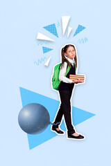 Vertical collage portrait of small girl hold pile stack book big heavy ball tied leg isolated on painted background