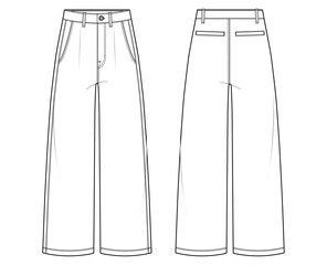 women wide straight leg jeans flat sketch vector illustration. front and back view cad drawing.