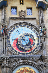 Detail of the ancient medieval astronomical clock Prague, Czech Republic, showing the signs of the zodiac, the sun and the moon