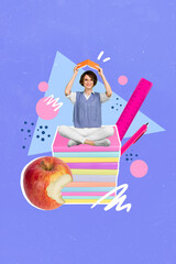 Vertical banner collage of girl student sit on book wear casual cloth isolated on blue painting background
