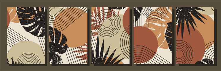 Collection of contemporary art posters in retro colors. Abstract geometric elements and tropical leaves. Great design for social media, postcards, print.