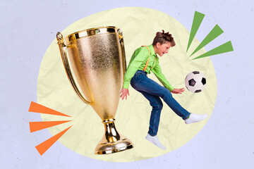 Banner collage of little boy play football wear casual cloth isolated on drawing light color...