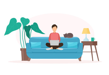 The freelancer man works at home. Businessman with laptop. The concept of home education. Remote employee. Cozy living room interior in a flat style. Vector illustration