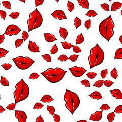 Colorful lips seamless pattern on white background. Paper print design. Abstract retro vector illustration. Trendy textile, fabric, wrapping. Modern space decoration.