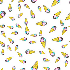 Ice cream seamless pattern on white background. Paper print design. Abstract retro vector illustration. Trendy textile, fabric, wrapping. Modern space decoration.