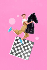 Vertical collage image of excited funny girl hands hold hug chess knight horse figure isolated on creative pink background © deagreez