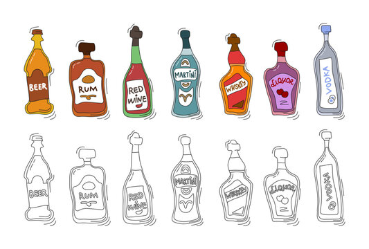 Beer, rum, red wine, martini, whiskey, liquor, vodka bottle on white background. Two kinds beverage. Cartoon sketch. Doodle style with black contour line. Colored hand drawn object. Party drinks