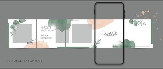 social media carousel post. green watercolor paint and floral graphic background for woman, fashion, beauty. creative soft aesthetic Instagram story and feed template