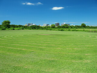 Fototapeta na wymiar 江戸川河川敷の除草された跡の残る真夏の野球場風景