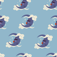 Hand drawn crescent with face. Big eyes and red lips. Moon in clouds. Repeating icon. Trendy Vector illustration. Celestial drawing. Cartoon style. Square seamless Pattern. Background, wallpaper