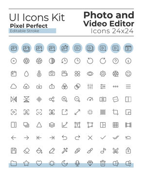Photo and video editor tools pixel perfect linear ui icons set. Multimedia adjustment. Digital program. Outline isolated user interface elements. Editable stroke. Montserrat Bold, Light fonts used