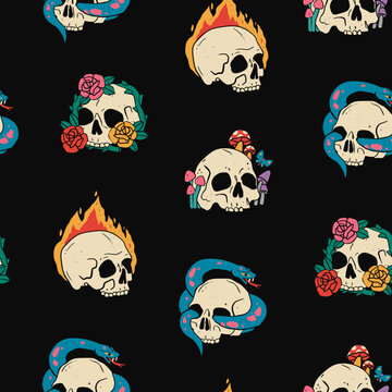 Hand drawn Skulls with roses or peonies, fire, mushrooms, snake. Trendy colorful Vector illustration. Cartoon, vintage style. Square seamless Pattern. Background, wallpaper. Textile print template