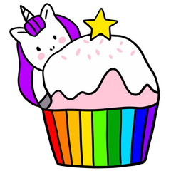 Cartoon cute unicorn and rainbow cake clipart.