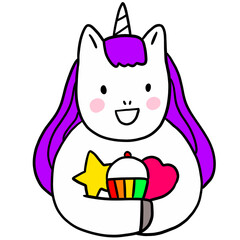 Cartoon cute unicorn and rainbow cake clipart.