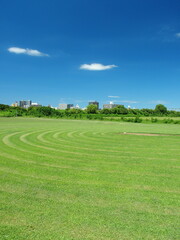 江戸川河川敷の除草された跡の残る真夏の野球場風景