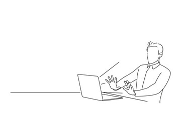 Illustration of emotional scared young businessman sitting in cafe and screaming to the laptop. Outline drawing style art