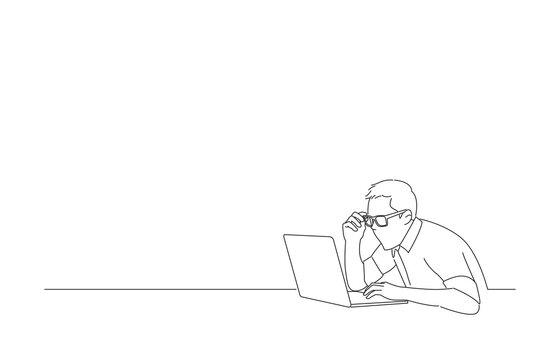 Drawing of young shocked man using laptop computer sitting at table. One line art