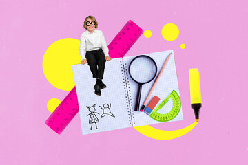 Composite collage image of small boy sitting huge opened copybook drawing marker pencil ruler...