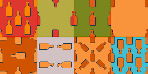 Rum bottles seamless pattern. Line art style. Outline image. Set colored repeat template. Party drinks concept. Illustration on color background. Flat design style for any purposes