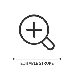 Fototapeta premium Magnifier and plus pixel perfect linear ui icon. Image enlargement. Photo editor instrument. GUI, UX design. Outline isolated user interface element for app and web. Editable stroke. Arial font used