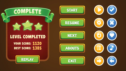 Vector game UI kit. Buttons, icons, and pop-ups with editable text effects for the design of GUI for games and apps. complete menu of graphical user interface. can be used in mobile or web games.