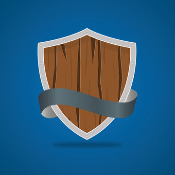 A wooden military shield in a metal frame. Cartoon Shield. Can Be Used in Mobile or Web Game