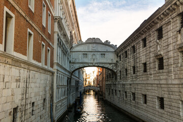 View of the bridge of sighs and old buildings at Venice, Veneto, Italy.