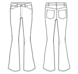 boot cut jeans flat sketch vector illustration. front and back view template. cad mockup.