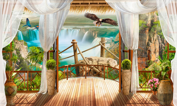 Suspension bridge over waterfalls.Photo wallpapers for printing. © ART-poster