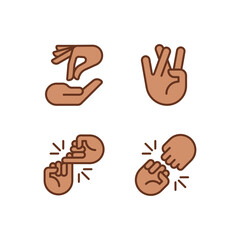 Fototapeta premium Using gestures for communication pixel perfect RGB color icons set. Interaction and expression. Hands position. Isolated vector illustrations. Simple filled line drawings collection. Editable stroke