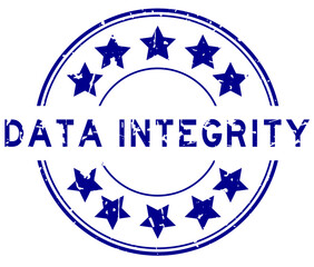 Grunge blue data integrity word with star icon round rubber seal stamp on white background
