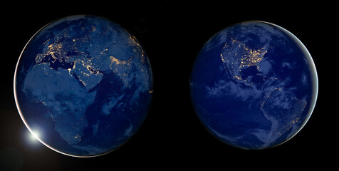 Earth photo at night on a black background. City lights on a wold map. Satellite image. Elements of...