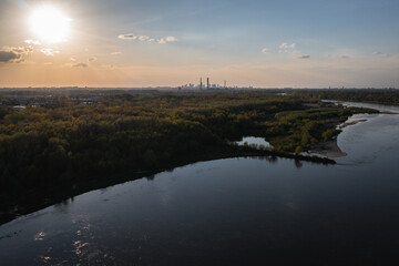 Fototapeta na wymiar Drone photo of Vistula River in Zawady area, Warsaw city, Poland