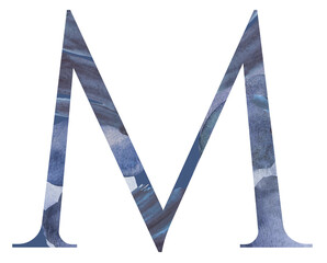 Watercolor blue capital letter M isolated illustration, summer design element