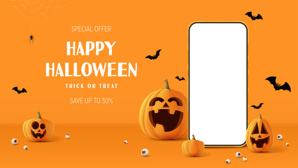 Halloween sale banner template. Festive banner with 3d spooky pumpkins, smartphone, candy eyes, spider on web and paper bats. Vector 3d ad illustration for promotion of Halloween sale.